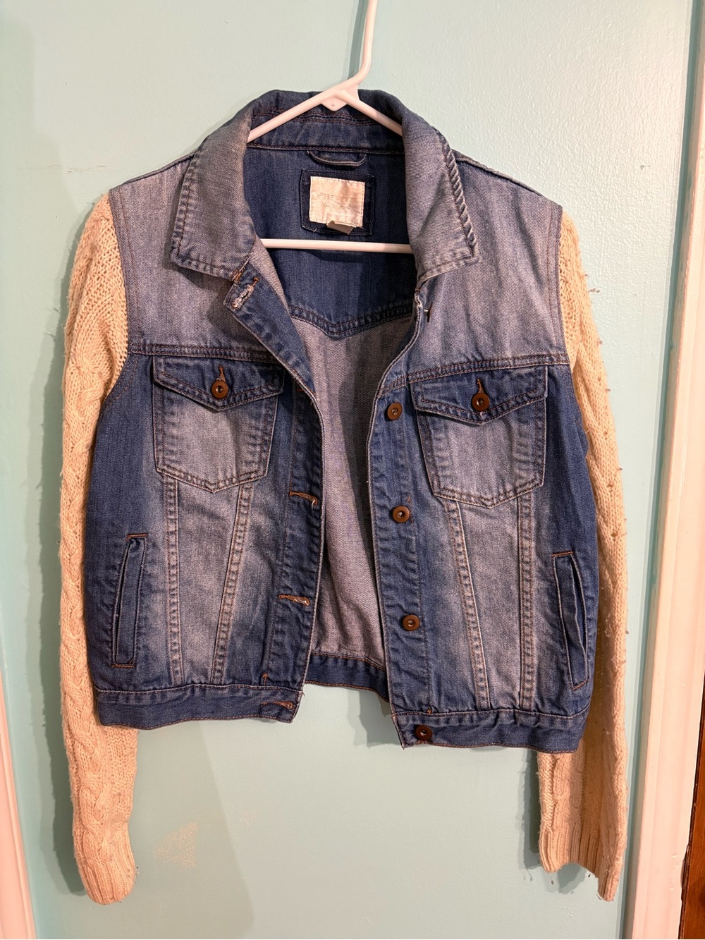 Forever 21 Blue Denim Jacket with Cream Knit Sleeves